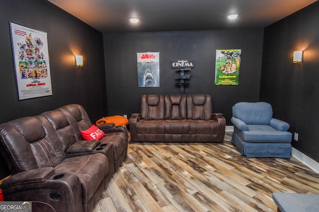 cinema room with hardwood / wood-style flooring