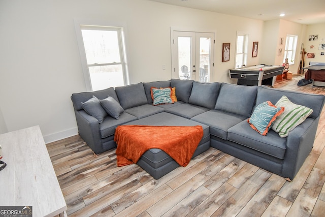 living room featuring a wealth of natural light, light hardwood / wood-style floors, and french doors