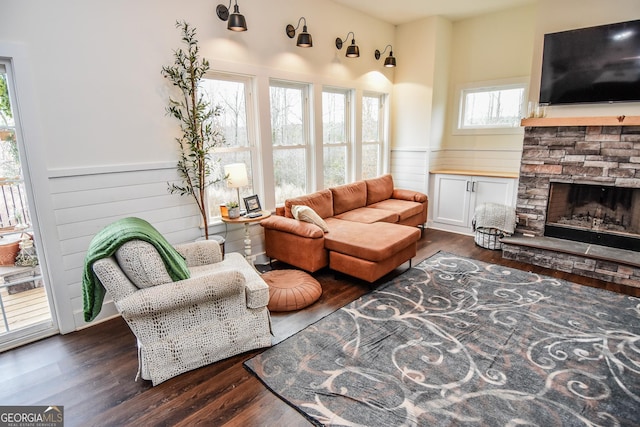 living room with dark wood-type flooring and a stone fireplace