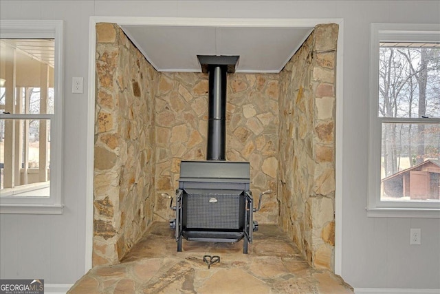 room details featuring a wood stove