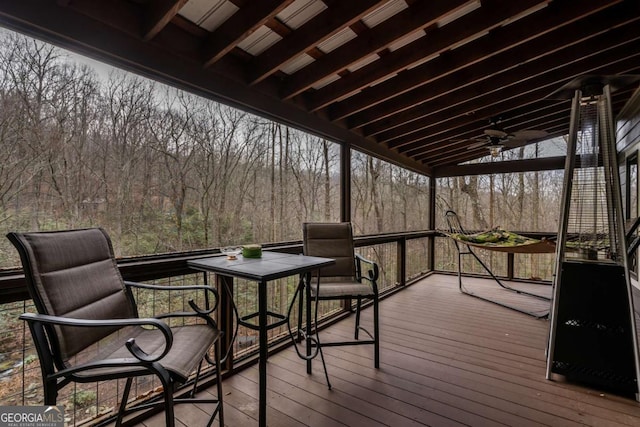 185 Huckleberry Cove Rd, Jasper, GA 30143 - wooden terrace with a ceiling fan and a view of trees