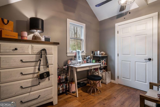 185 Huckleberry Cove Rd, Jasper, GA 30143 - home office with vaulted ceiling, a ceiling fan, and wood finished floors