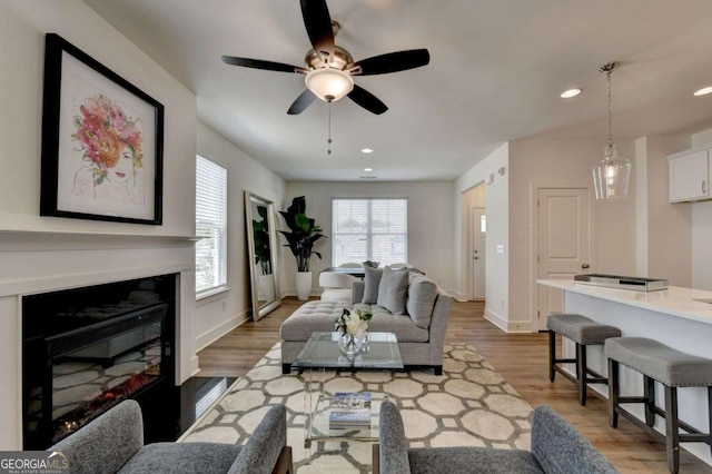 living room featuring hardwood / wood-style flooring and ceiling fan