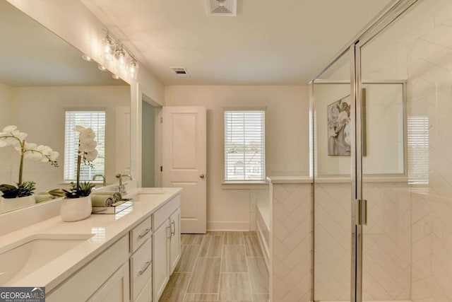 bathroom featuring vanity and separate shower and tub