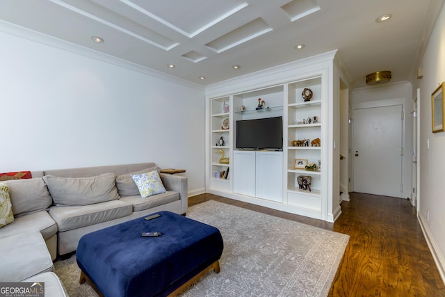 living area featuring built in shelves, baseboards, dark wood finished floors, recessed lighting, and ornamental molding