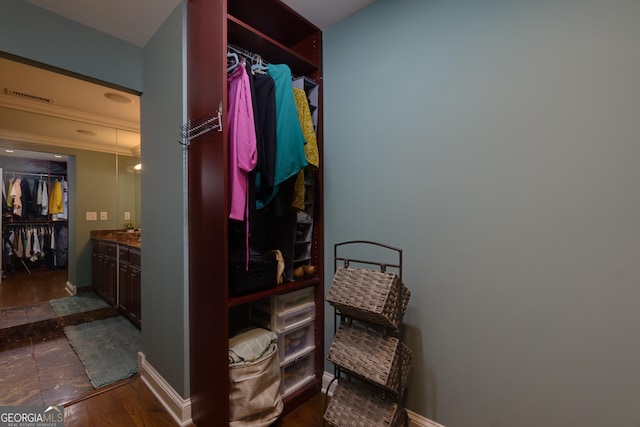 spacious closet with visible vents and dark wood-style floors