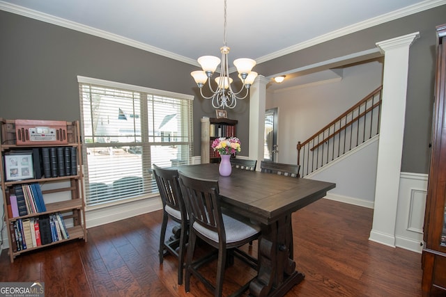 dining area with dark wood-style floors, stairway, ornamental molding, and an inviting chandelier