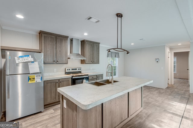 kitchen featuring visible vents, appliances with stainless steel finishes, ornamental molding, a sink, and wall chimney exhaust hood