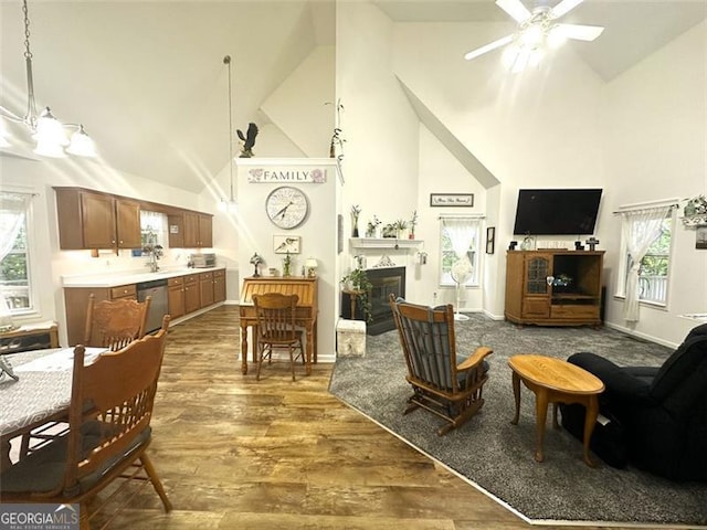 living room with dark wood-type flooring, high vaulted ceiling, and plenty of natural light