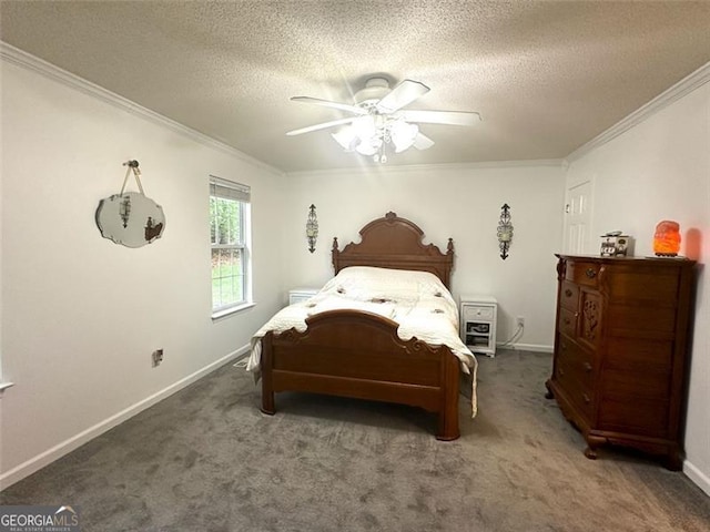 bedroom with crown molding, a textured ceiling, and dark carpet