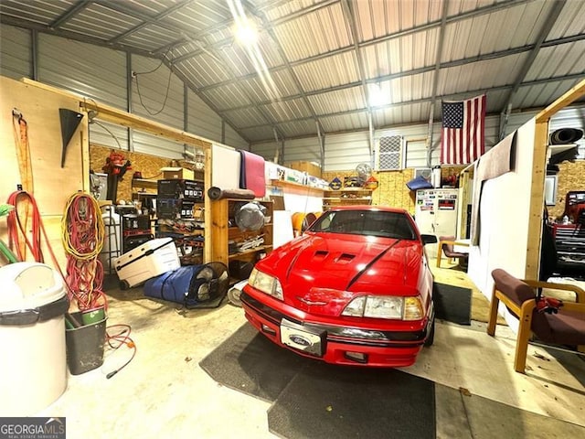 garage with a workshop area