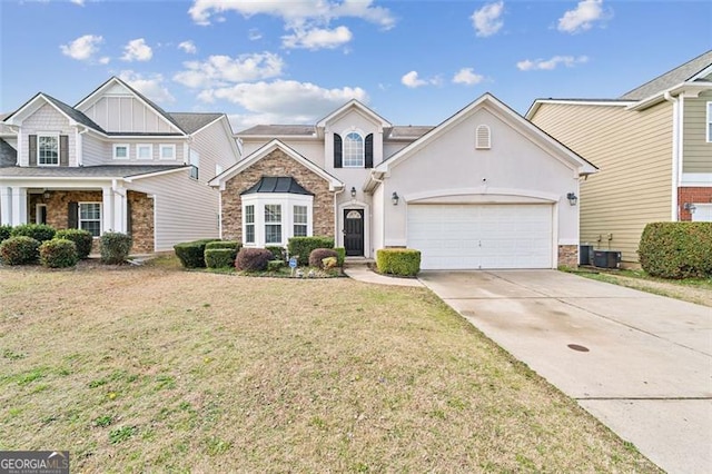 view of front of house with a garage, a front lawn, and central air condition unit