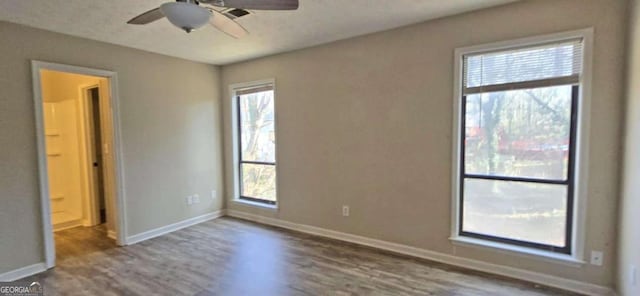 empty room with dark hardwood / wood-style floors and ceiling fan