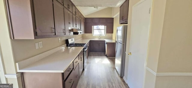 kitchen with lofted ceiling, sink, light hardwood / wood-style flooring, and appliances with stainless steel finishes