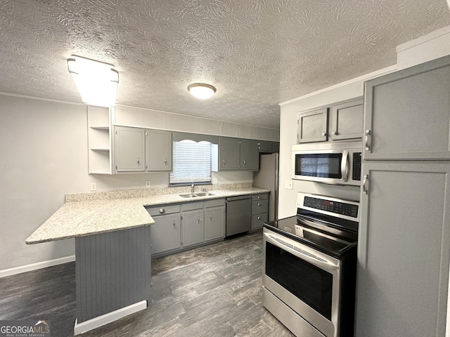 kitchen featuring gray cabinets, appliances with stainless steel finishes, sink, and kitchen peninsula