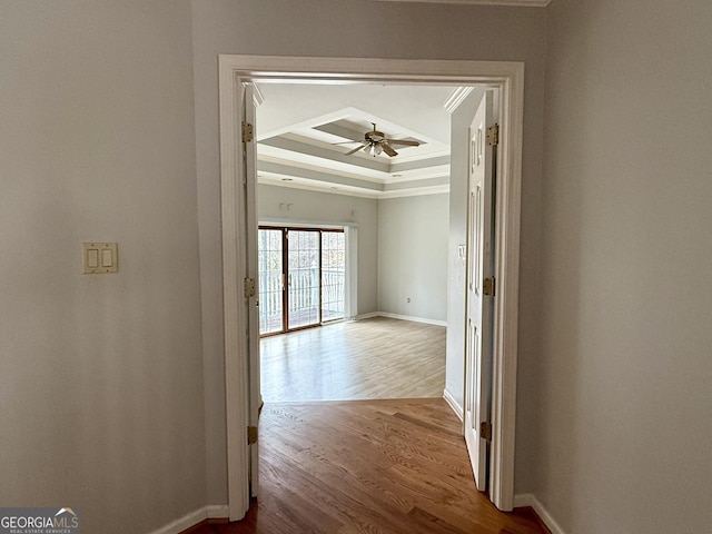 corridor with ornamental molding, a tray ceiling, and light wood-type flooring