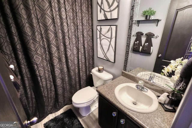 bathroom featuring vanity, wood-type flooring, and toilet