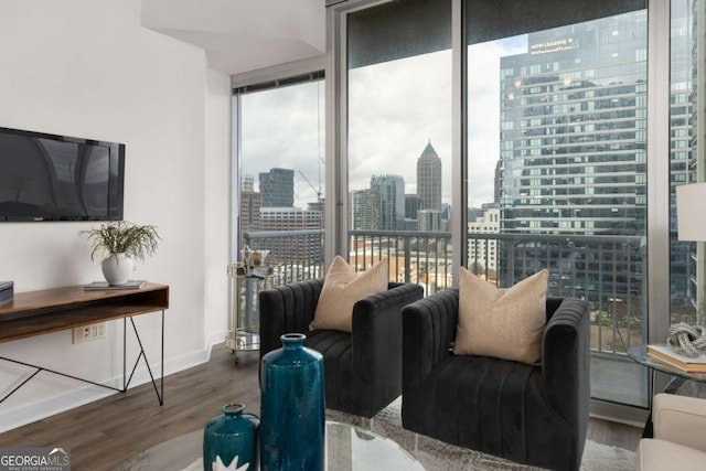 living room with hardwood / wood-style floors and expansive windows