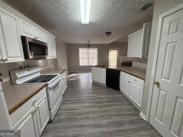 kitchen with white cabinetry, dishwasher, dark wood-type flooring, and white range with electric stovetop