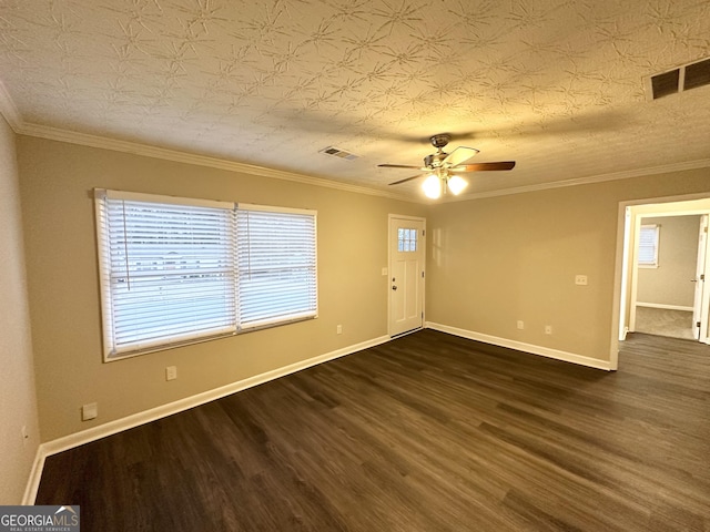 interior space featuring crown molding, dark hardwood / wood-style floors, and ceiling fan