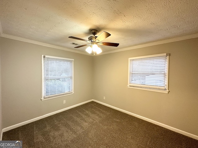 unfurnished room featuring crown molding, a textured ceiling, ceiling fan, and carpet