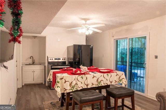 dining space with dark hardwood / wood-style flooring, sink, a textured ceiling, and ceiling fan