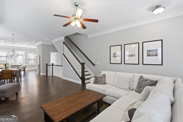 living room with crown molding, ceiling fan with notable chandelier, and dark hardwood / wood-style floors