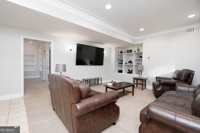 tiled living room with crown molding and built in features