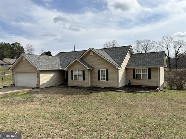 single story home with a garage and a front yard