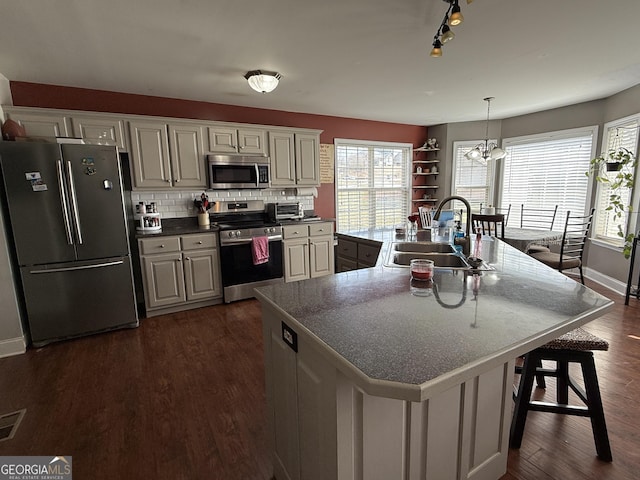 kitchen featuring sink, appliances with stainless steel finishes, a kitchen island with sink, hanging light fixtures, and dark hardwood / wood-style floors