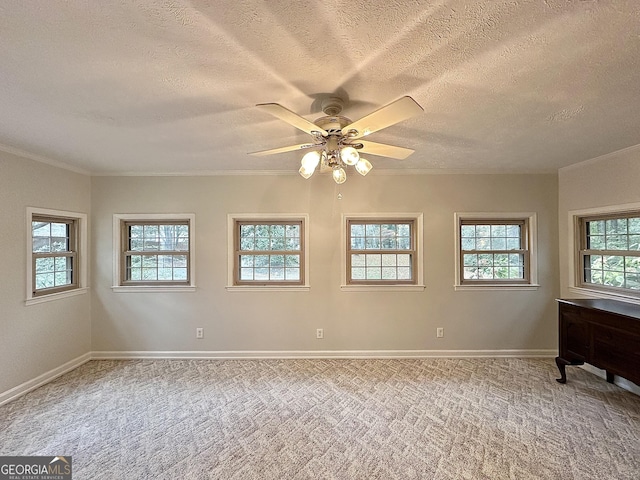 carpeted empty room with ornamental molding, plenty of natural light, and a textured ceiling