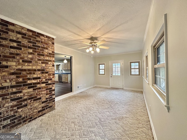 spare room featuring ceiling fan, ornamental molding, a textured ceiling, and carpet