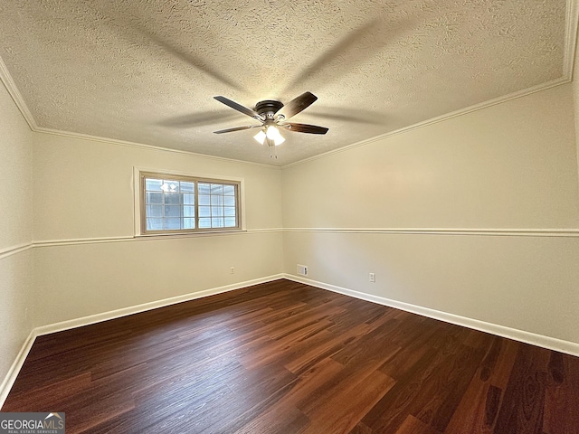 spare room with crown molding, a textured ceiling, dark hardwood / wood-style floors, and ceiling fan