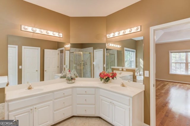 bathroom with a shower with door and vanity