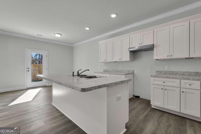 kitchen with white cabinetry, an island with sink, sink, crown molding, and dark wood-type flooring