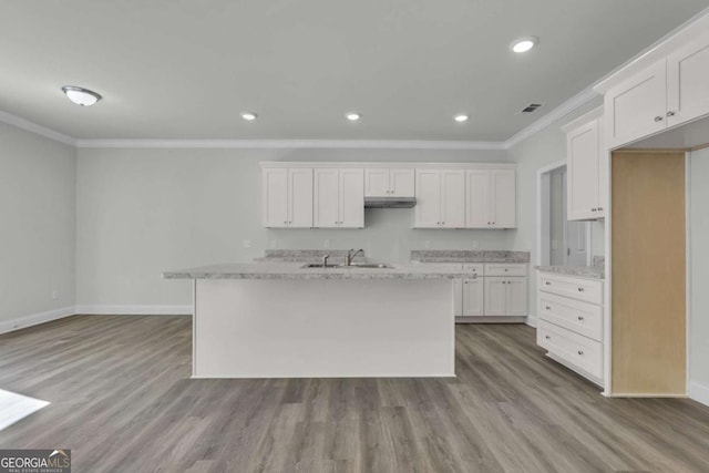 kitchen featuring white cabinetry, sink, an island with sink, and ornamental molding