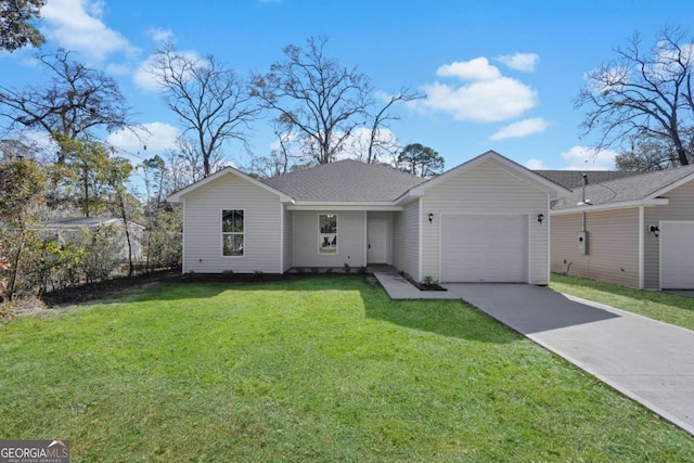 single story home with a garage and a front yard