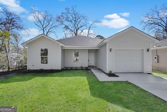 ranch-style house with a garage and a front yard