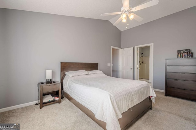 carpeted bedroom with vaulted ceiling and ceiling fan