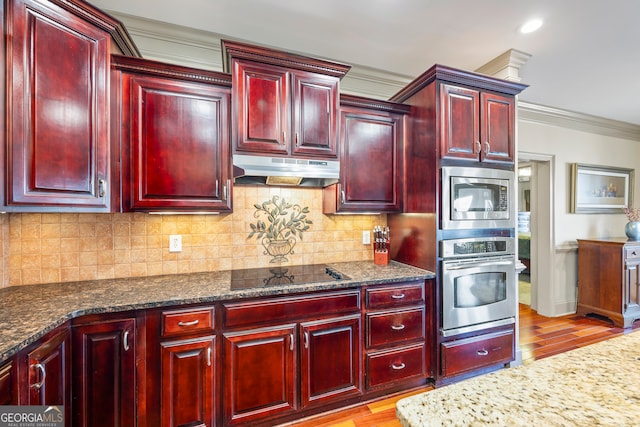 kitchen with reddish brown cabinets, dark stone countertops, stainless steel appliances, crown molding, and under cabinet range hood