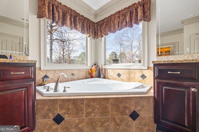 bathroom with ornamental molding and a relaxing tiled tub