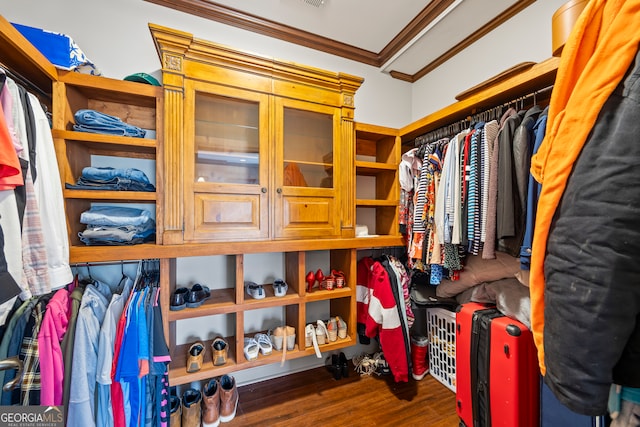 walk in closet with dark wood-style flooring