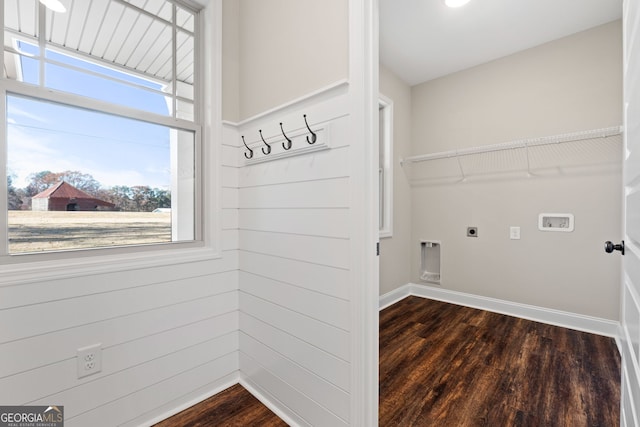 laundry room with electric dryer hookup, washer hookup, and dark hardwood / wood-style floors