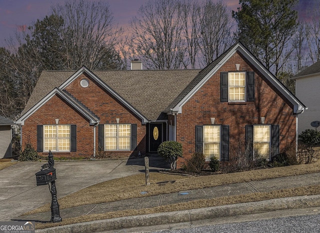 traditional-style house featuring driveway, a shingled roof, a chimney, and brick siding