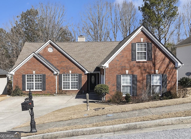 traditional-style house with a shingled roof, brick siding, driveway, and a chimney