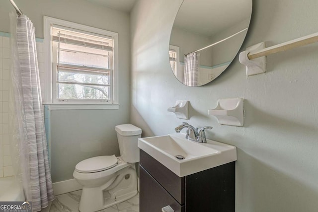 full bathroom featuring vanity, toilet, and shower / bath combo with shower curtain