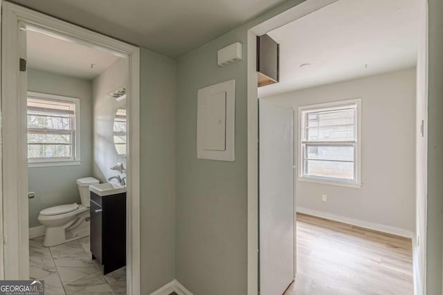 bathroom with vanity, toilet, and electric panel