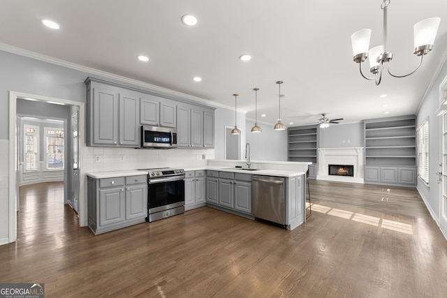 kitchen featuring stainless steel appliances, a peninsula, a sink, gray cabinets, and dark wood-style floors