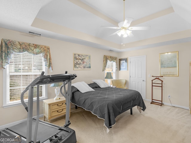 carpeted bedroom with a tray ceiling