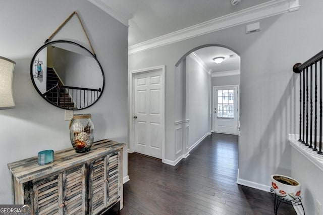 foyer featuring ornamental molding and dark wood-type flooring